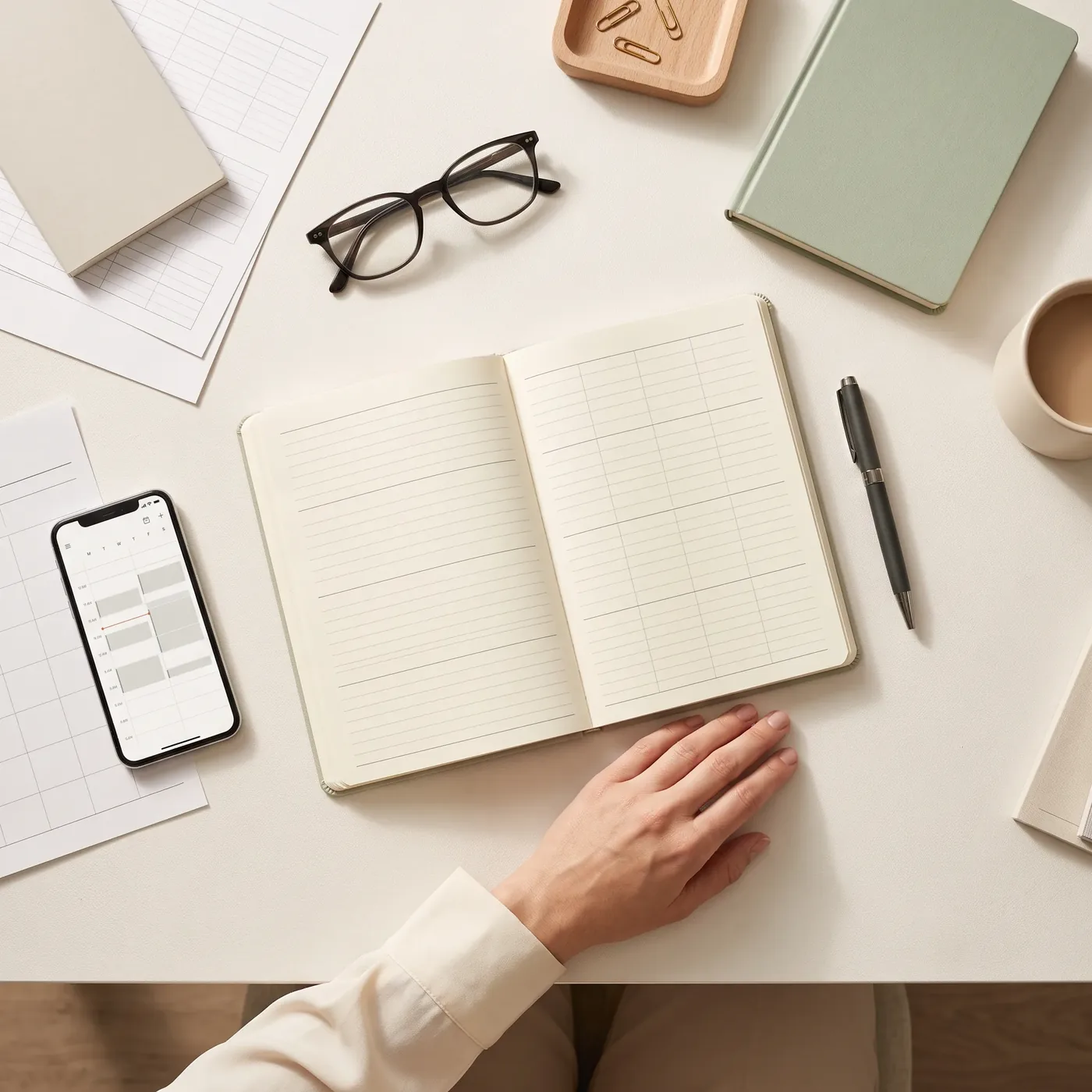 Terminplanung mit Wochenkalender, Smartphone und Unterlagen